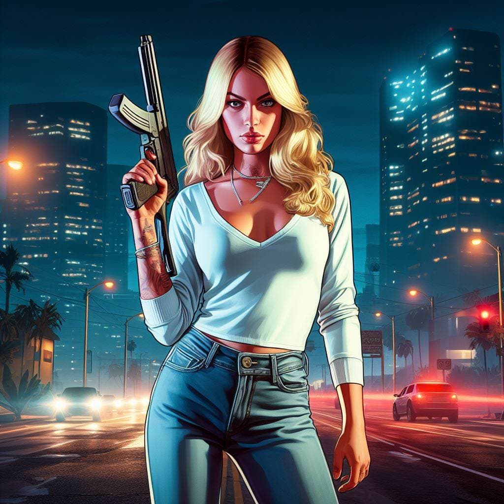 Crear imágenes estilo GTA V con la ia DALL-E 3 - Poster Chica con Pistola 